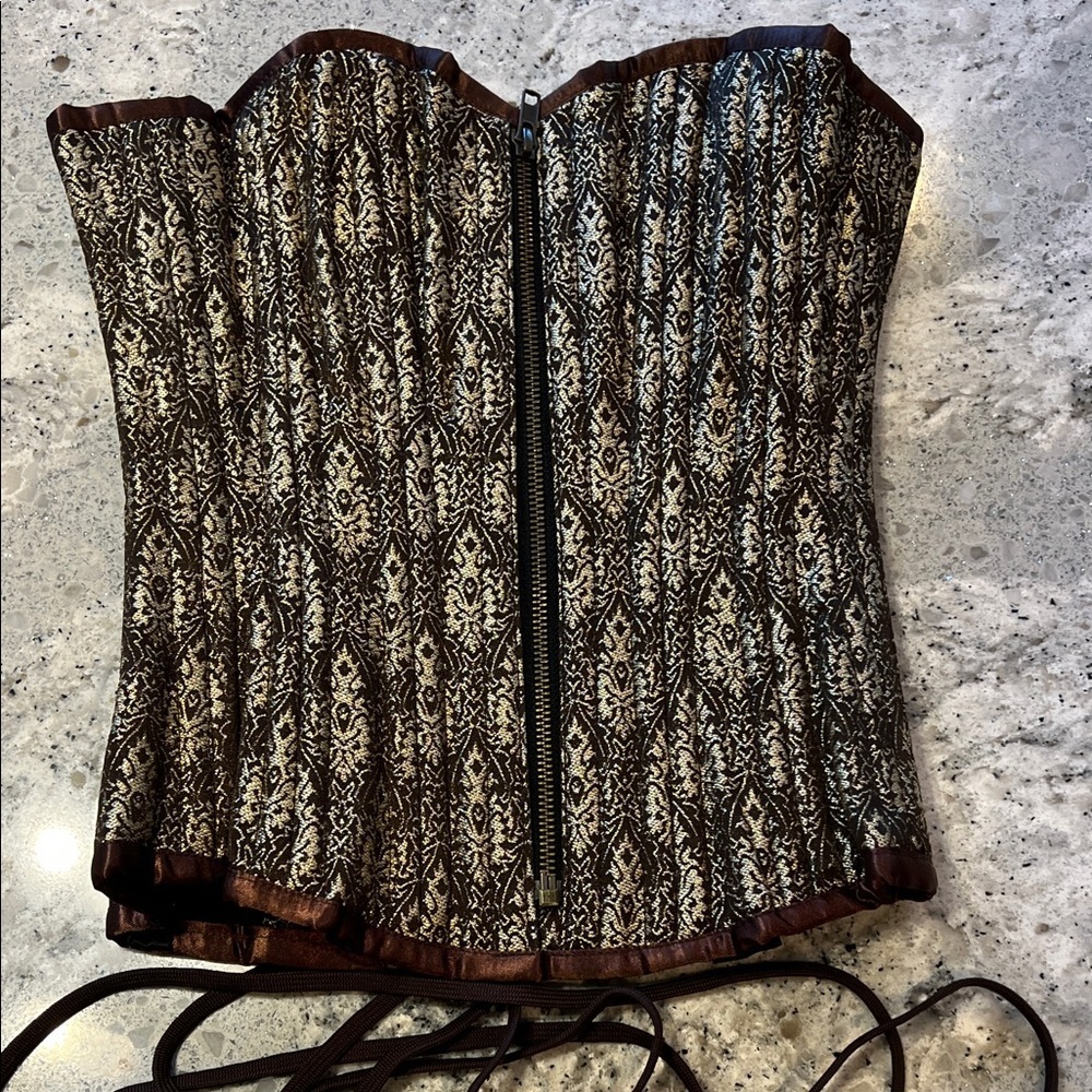 Vintage Victorian Brocade Corset - Gold & Brown Damask - Steel Boned - Size 20
